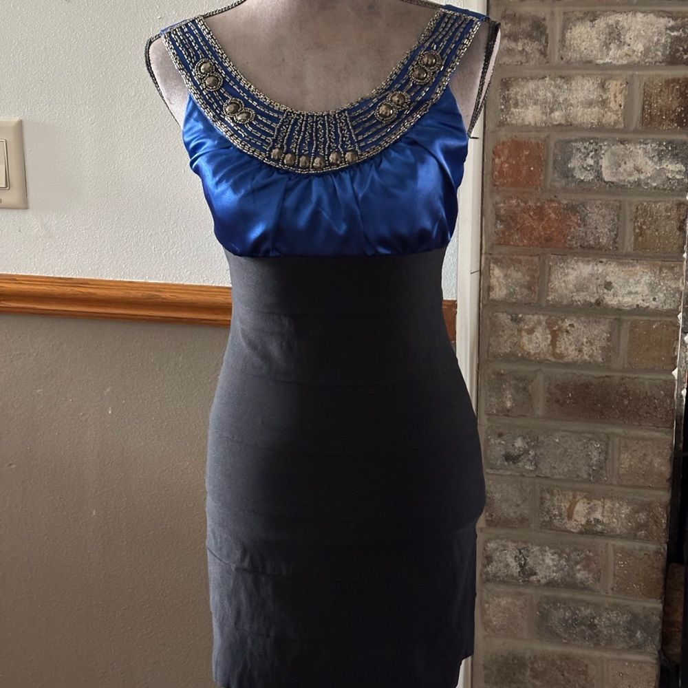 Trixxi Royal Blue and Black One-Shoulder Beaded Sheath Dress